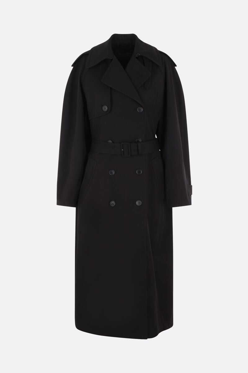 Balenciaga Black Double-Breasted Trench Coat with Belt in Wool and Cotton Woman BLACK