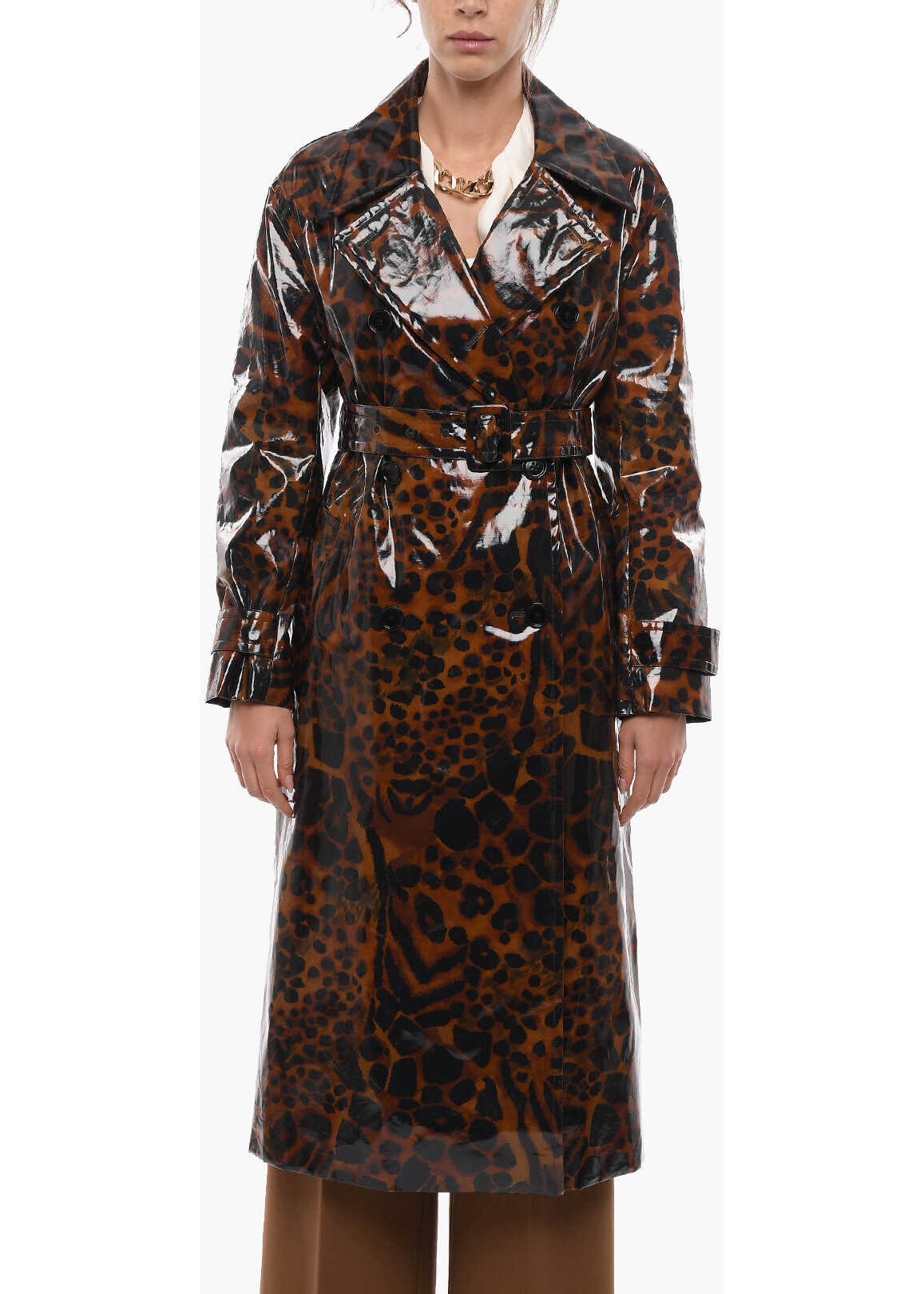 Dries Van Noten Animalier Motif Quilted Shiny Duster Coat Brown