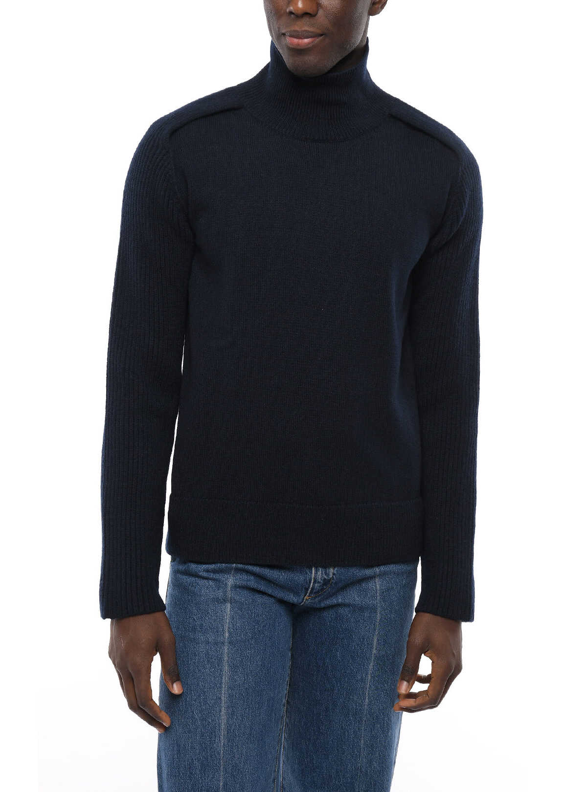 Jil Sander Wool Turtleneck Sweater With Rib Sleeve Blue