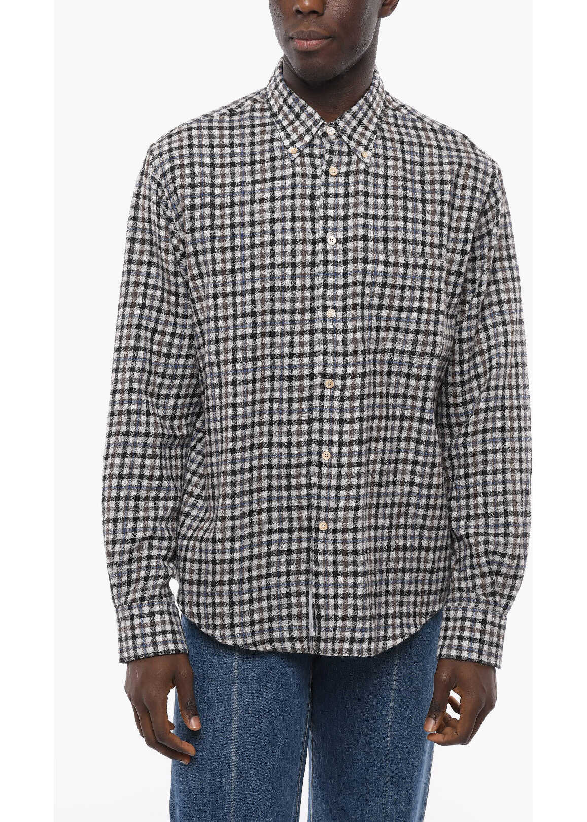 4SDESIGNS 2-2 Gingham Cashmere Flannel Shirt With Button-Down Collar Gray