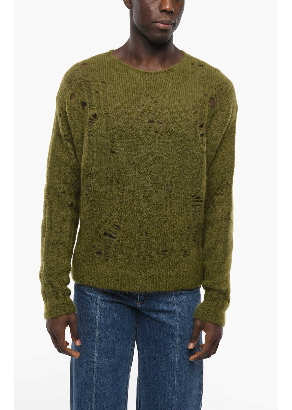RAMAEL Crew Neck Distressed Mohair Blend Pullover Military Green
