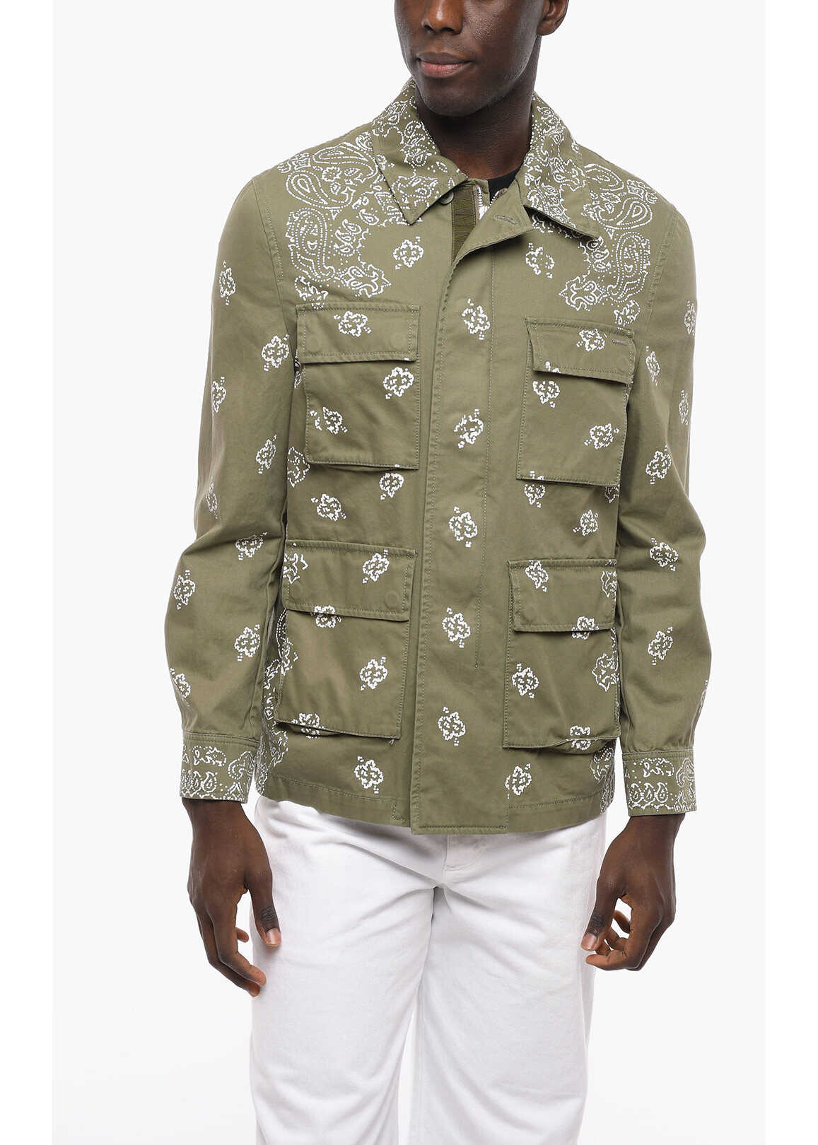 AMIRI Paisley Motif Cotton Overshirt With Patch Pockets Green
