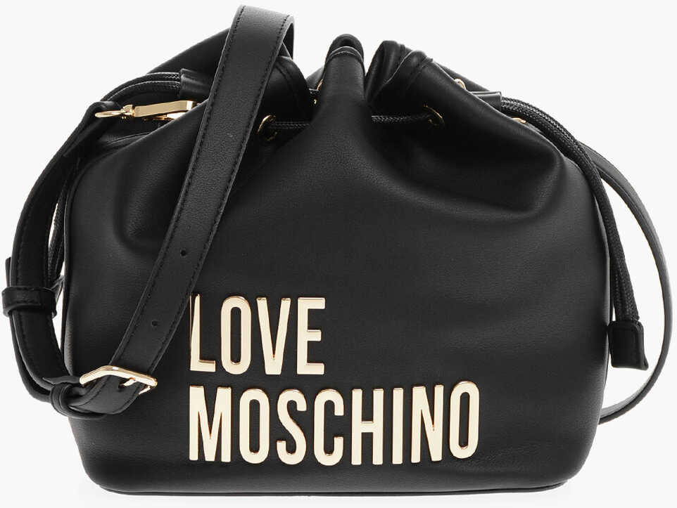 Moschino Love Faux Leather Bucket Bag With Golden Maxi Logo Black