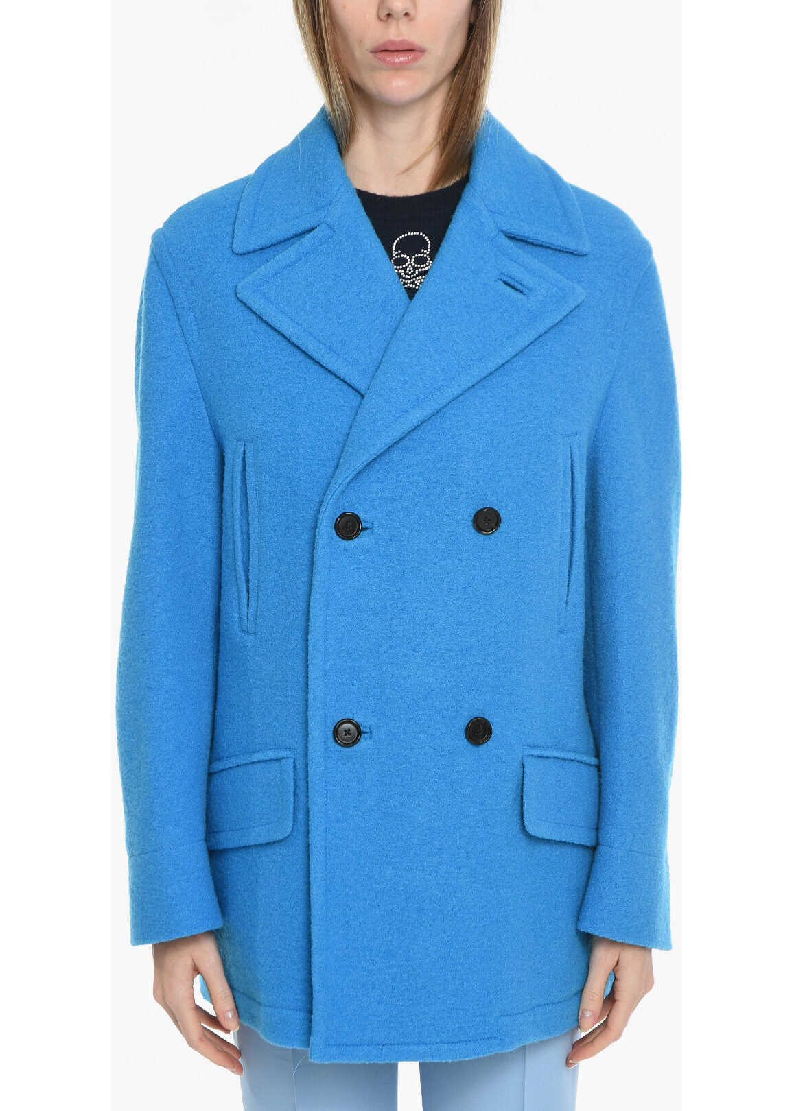 Marni 4 Pockets Caban Double-Breasted Wool Coat Light Blue