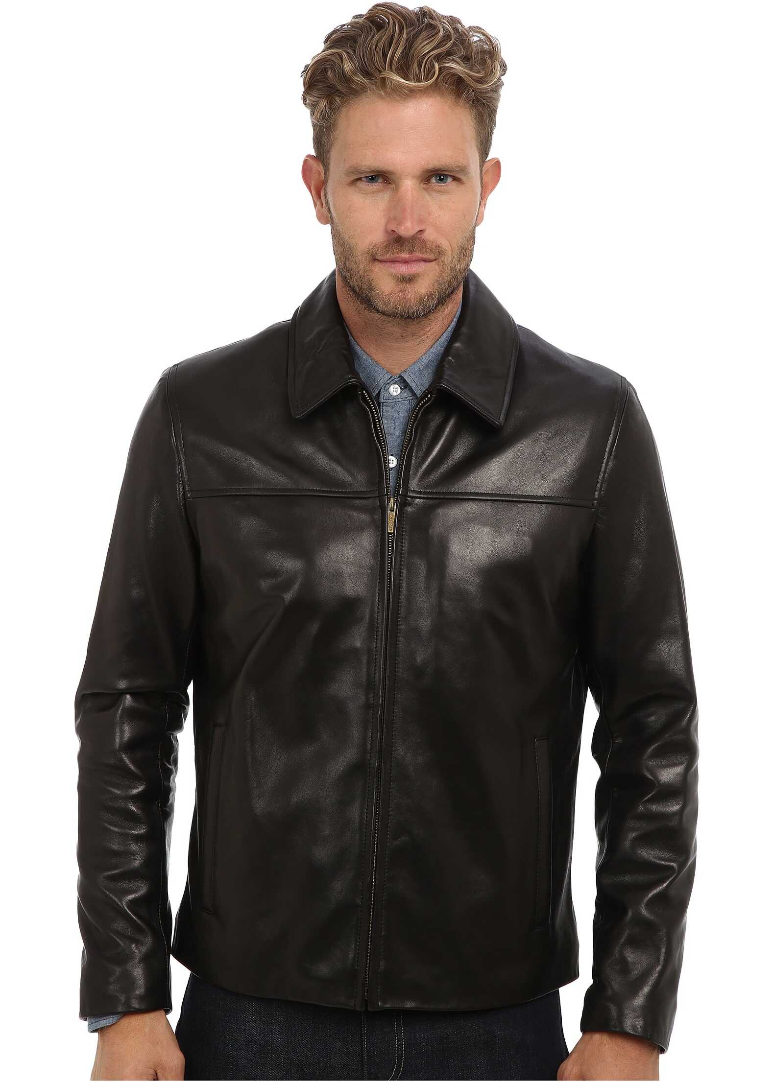 Geaca Cole Haan Smooth Lamb Shirt Collar Jacket Black