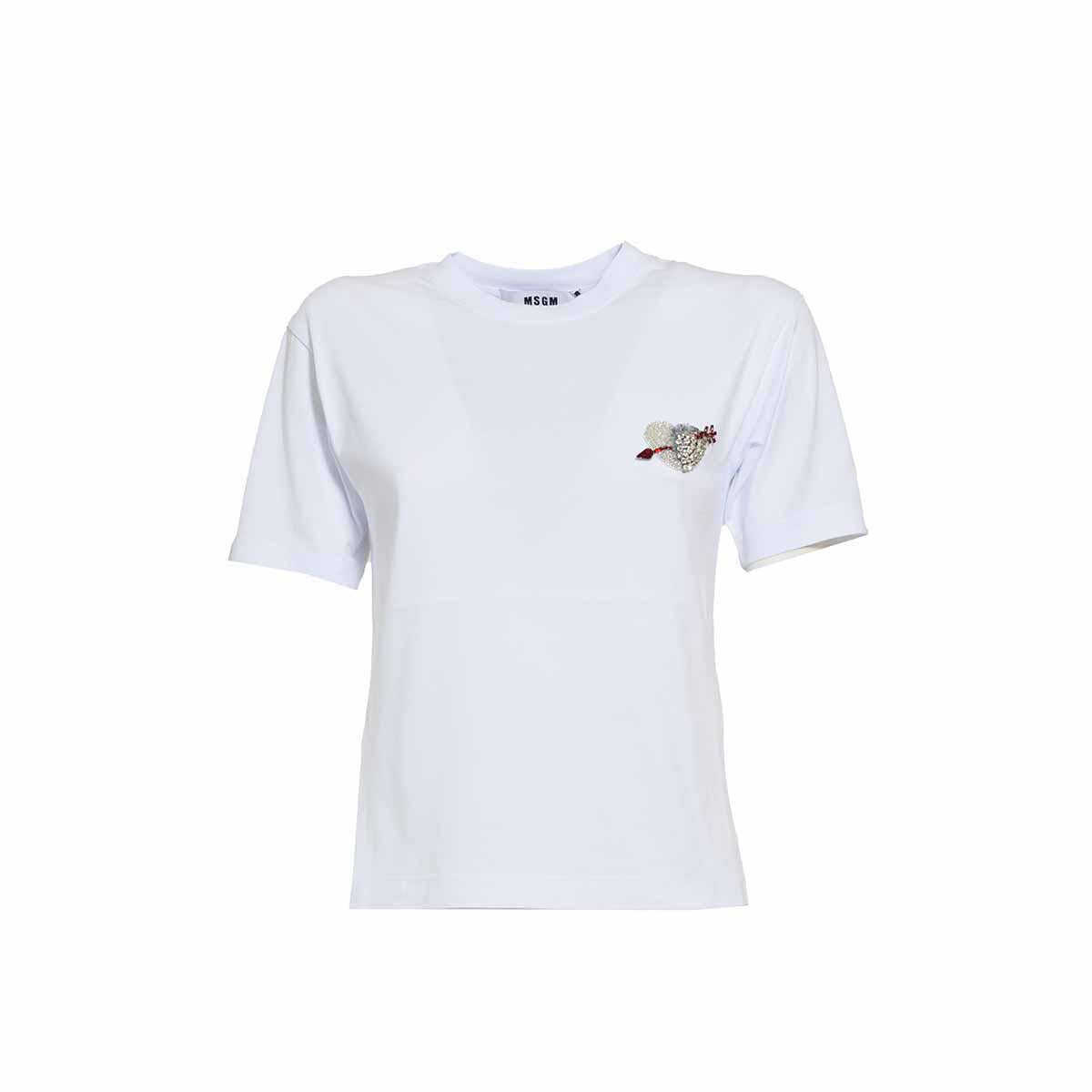 MSGM MSGM White cotton T-shirt with rhinestone heart applique MSGM WHITE