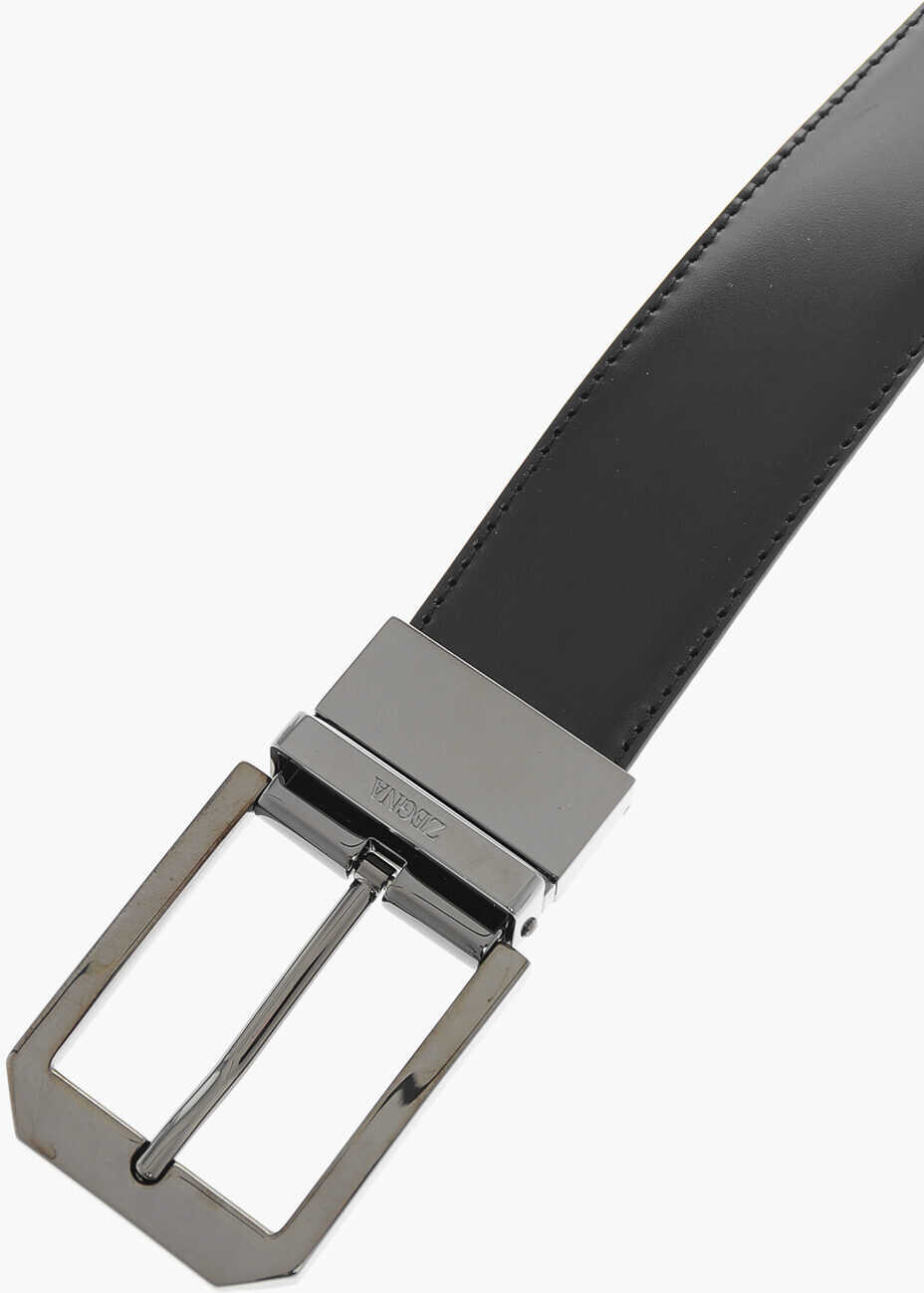 Curele Ermenegildo Zegna Leather And Textured Leather Reversible Belt Black Barbati (BM 12117318) 2