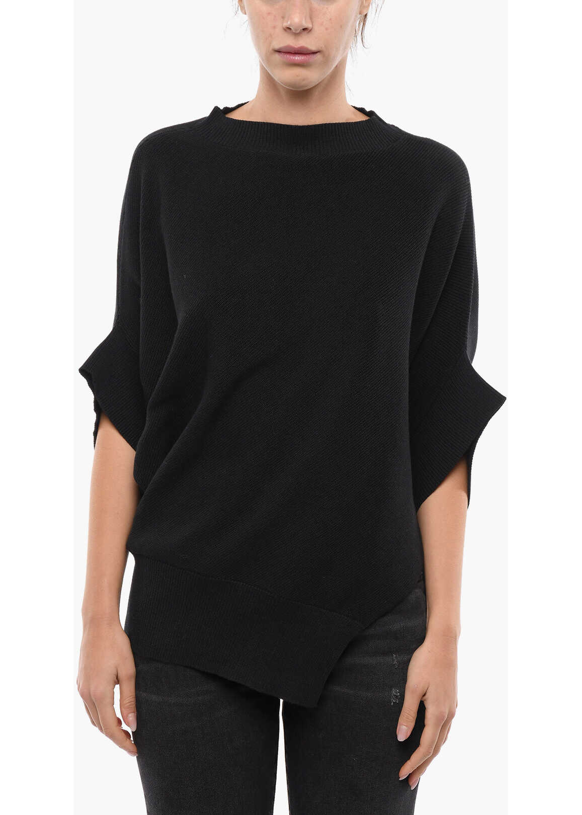 Sacai Cotton Blend Asymmetrical Sweater With Bat-Wing Sleeves Black