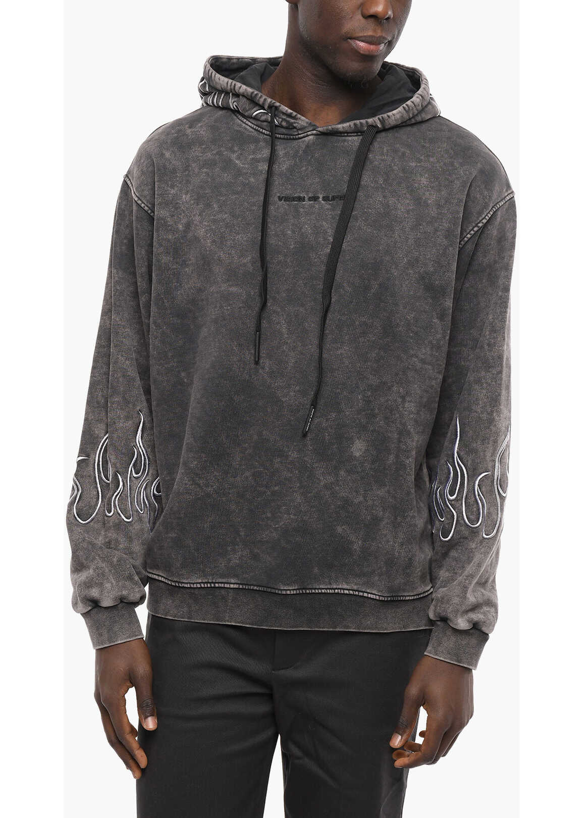 Vision of Super Acid Wash Effect Hoodie With Embroideries Gray