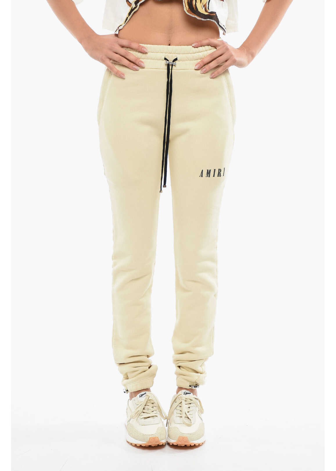 AMIRI Brushed Cotton Joggers With Printed Logo And Drawstrings Beige