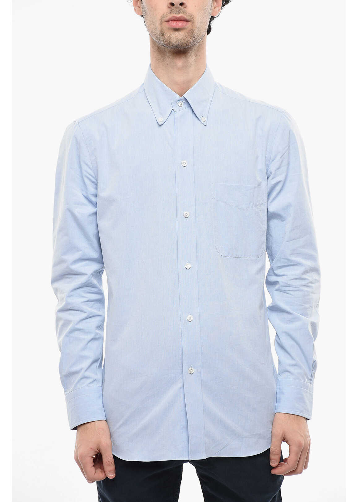 SALVATORE PICCOLO Solid Color Button-Down Collar Shirt With Breast Pocket Blue