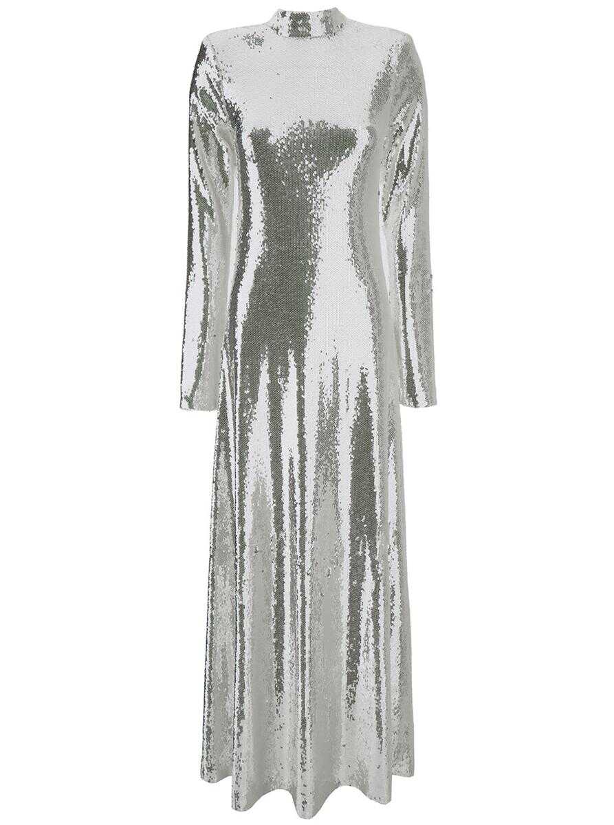 ROTATE Birger Christensen Silver Maxi Dress with Cut-Out and All-Over Paillettes in Stretch Fabric Woman GREY