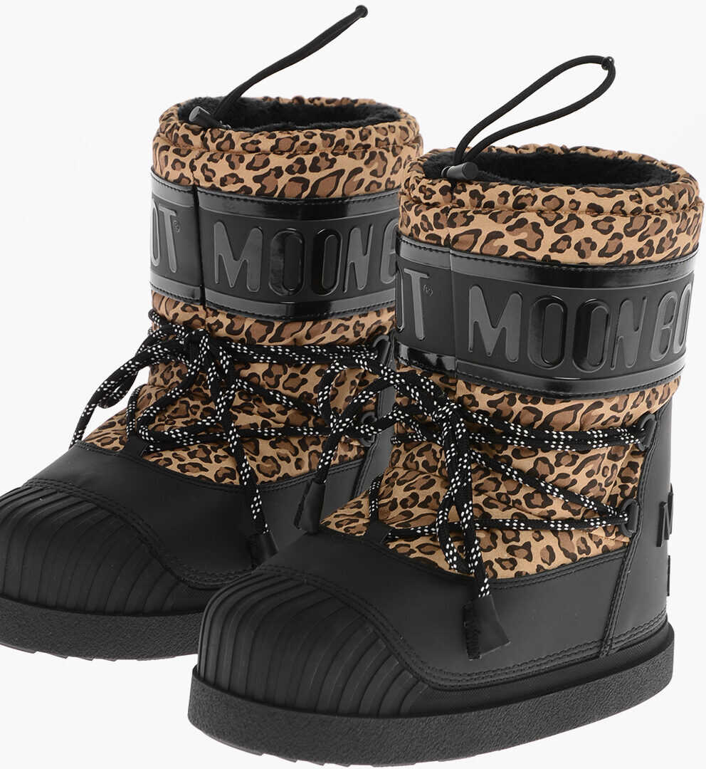 Moncler Moon Boot Logoed Snow Booties With Animal Print Details Brown