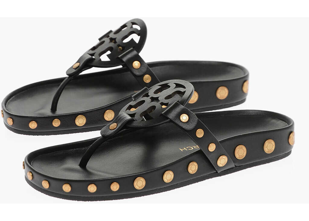 Poze Tory Burch Coin Details Logoed Leather Thong Sandals Black