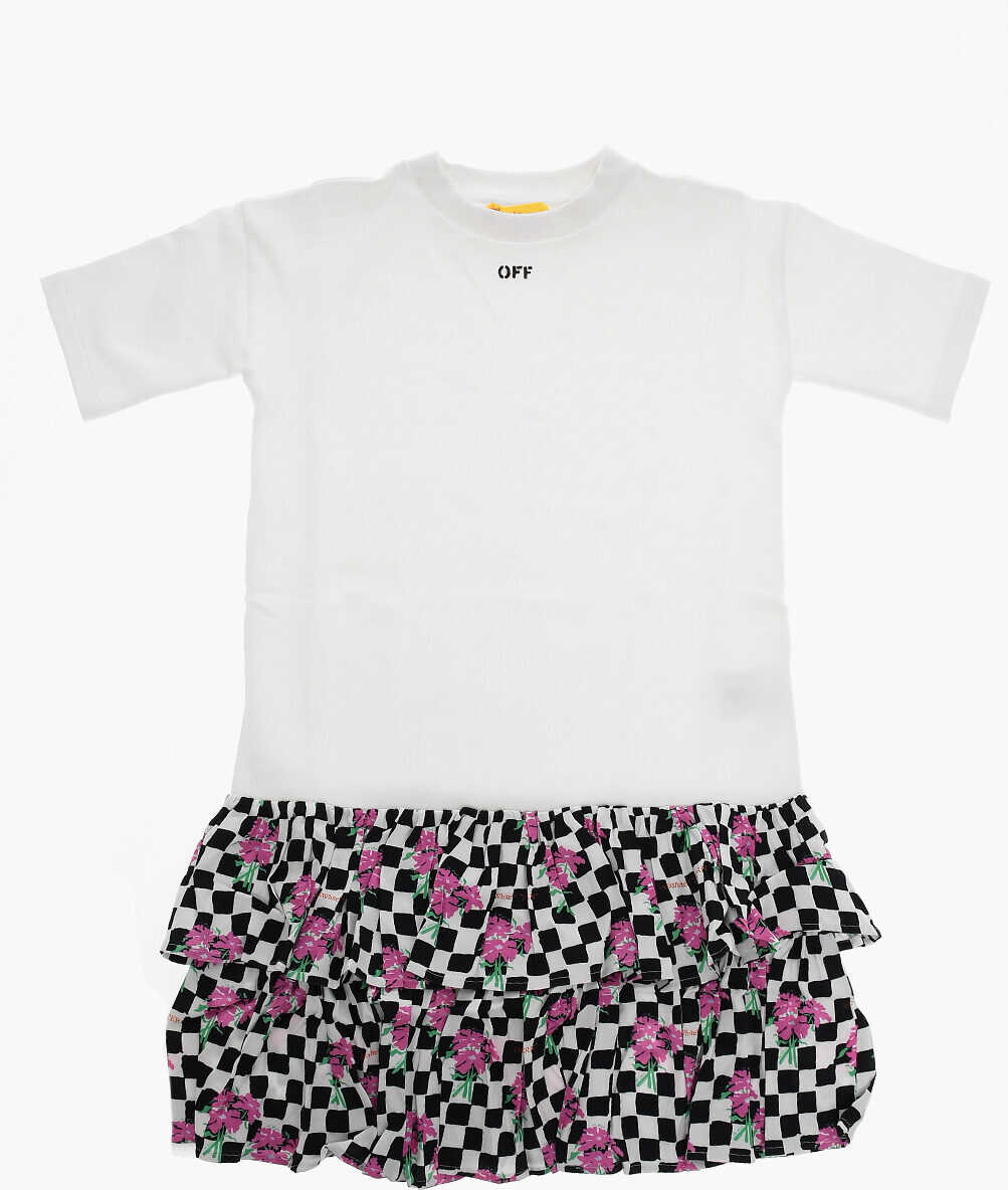 OFF-WHITE KIDS Crew-Neck Chessboard Dress With Flounced And Checked Skirt Black & White