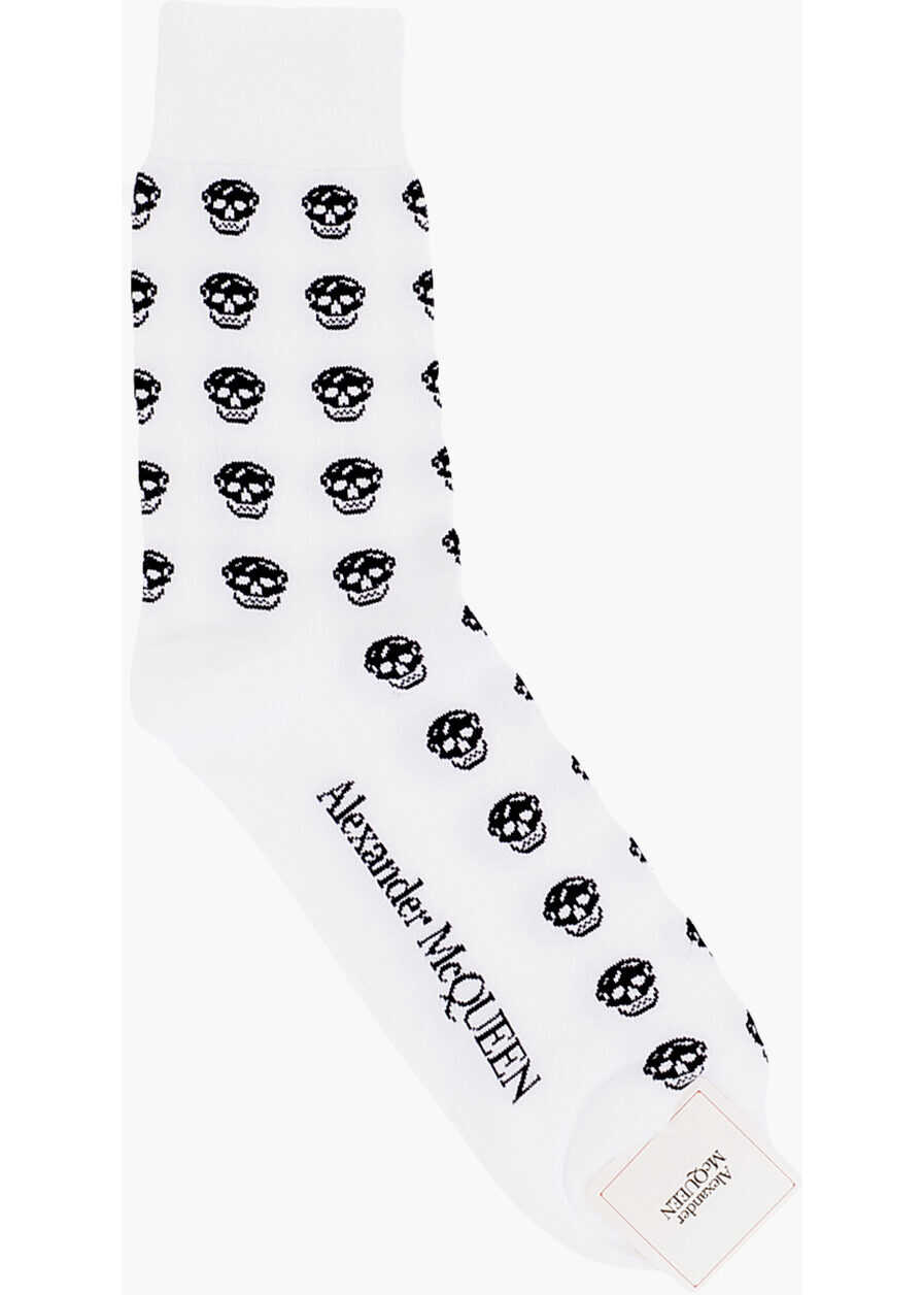Alexander McQueen All-Over Skulls Embroidered Long Socks Black & White