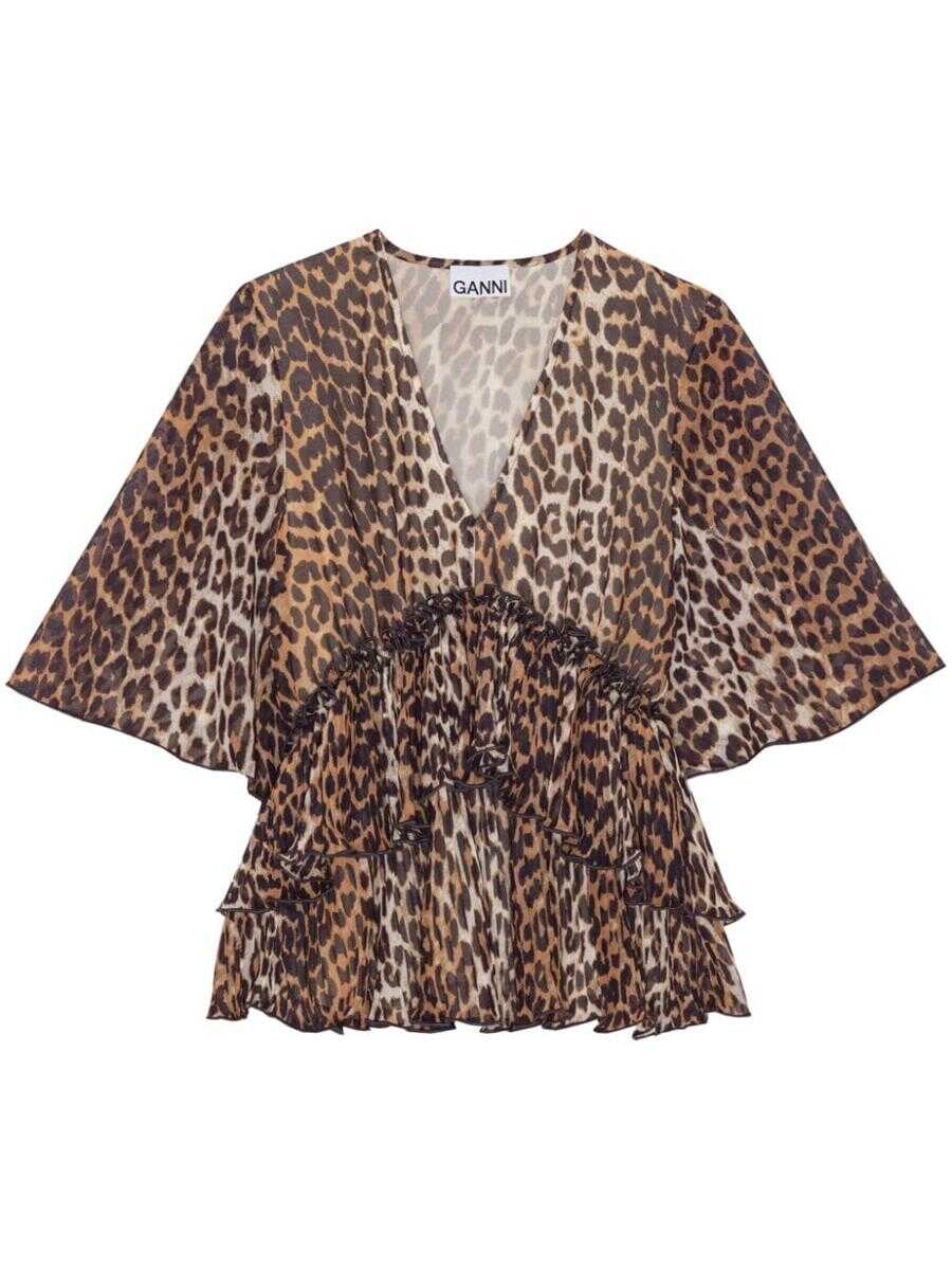 Ganni GANNI Leopard print v-necked blouse BROWN
