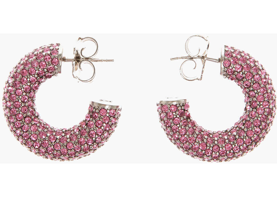 AMINA MUADDI Silver Cameron Hoop Earrings With Rhinestone Embellishment Pink image5