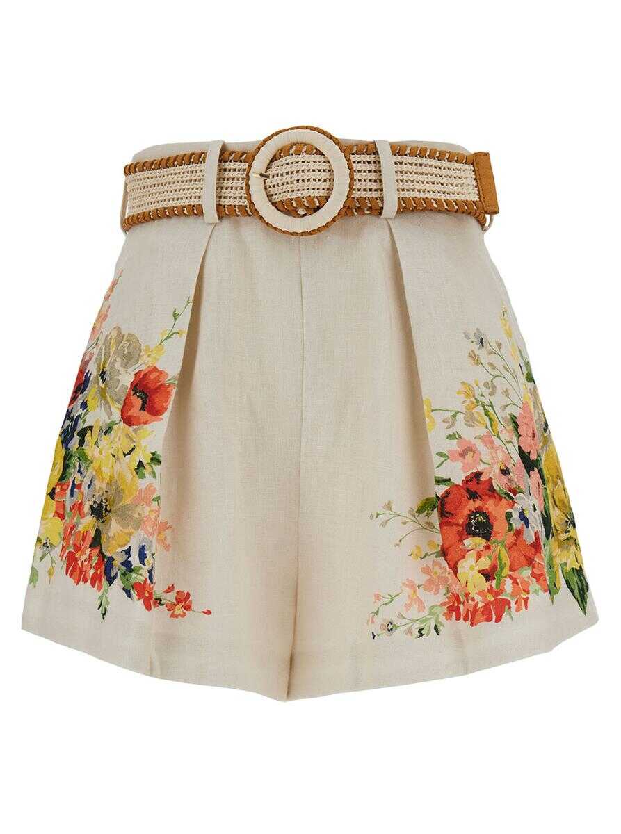 ZIMMERMANN White Shorts with Floreal Print and Belt in Linen Woman MULTICOLOR
