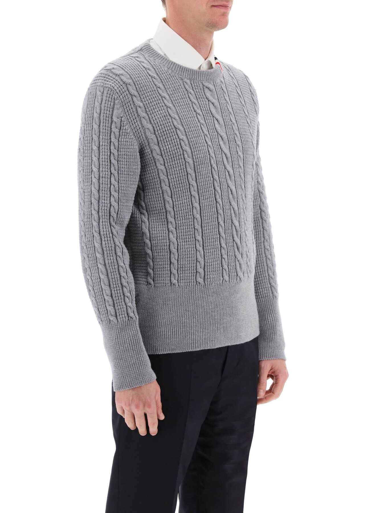 Thom Browne Cable Wool Sweater With Rwb Detail LT GREY