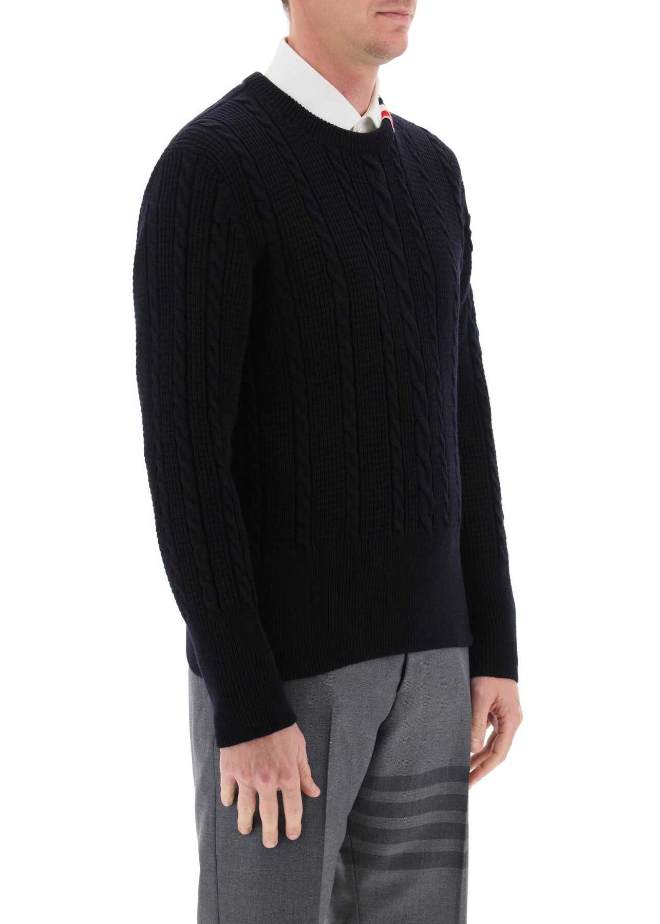 Thom Browne Cable Wool Sweater With Rwb Detail NAVY