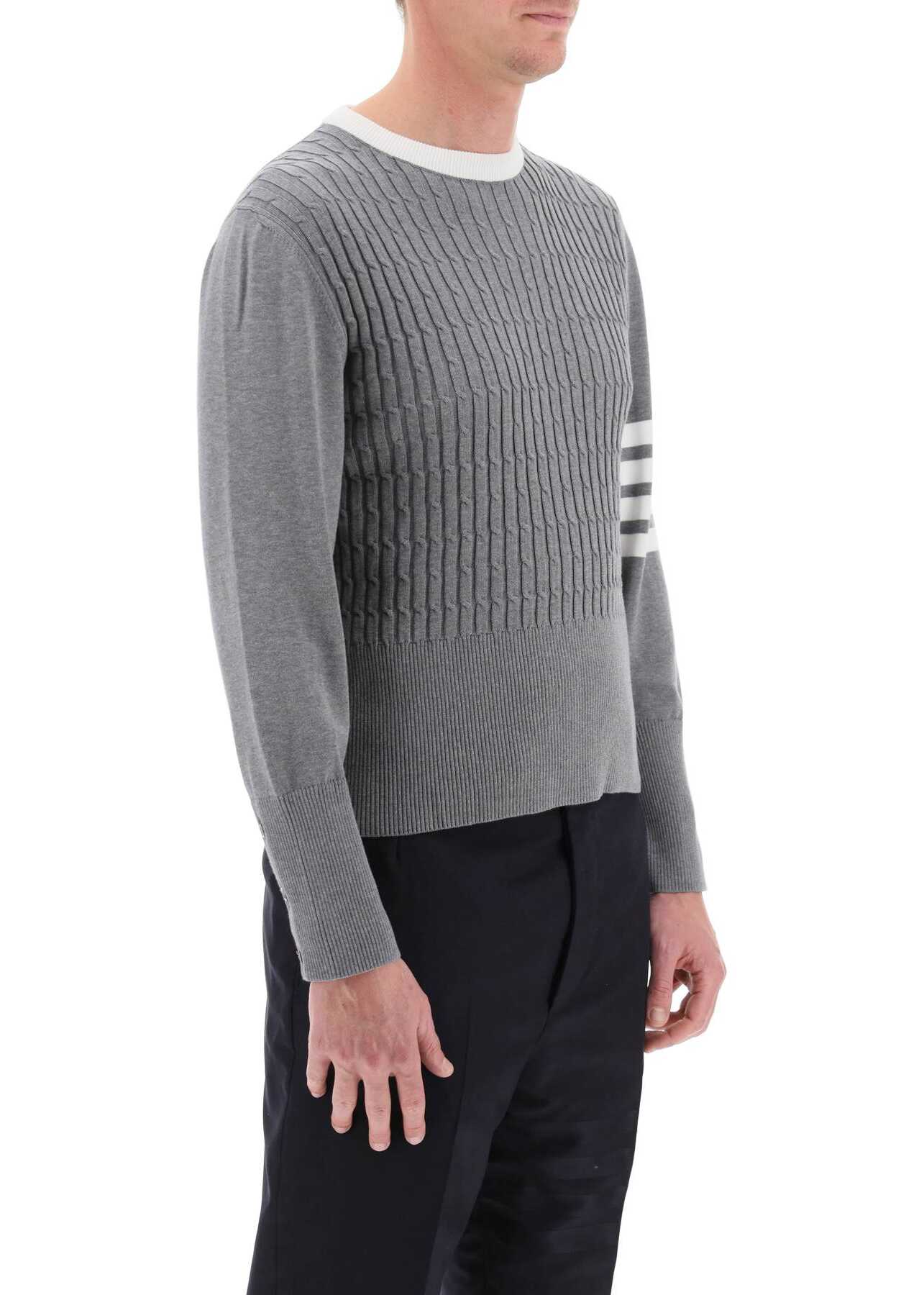 Thom Browne Placed Baby Cable 4-Bar Cotton Sweater LT GREY