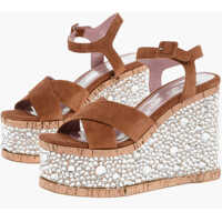 Espadrile Leather Sandals With Rhinestones Embelished Wedge 13 Cm Femei
