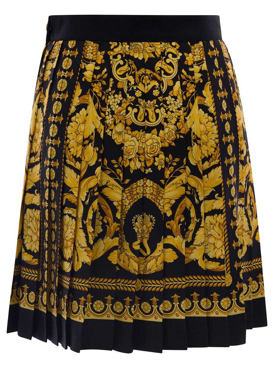 Versace Black and Golden Pleated Skirt with Baroque Print All-Over in Silk Woman MULTICOLOR