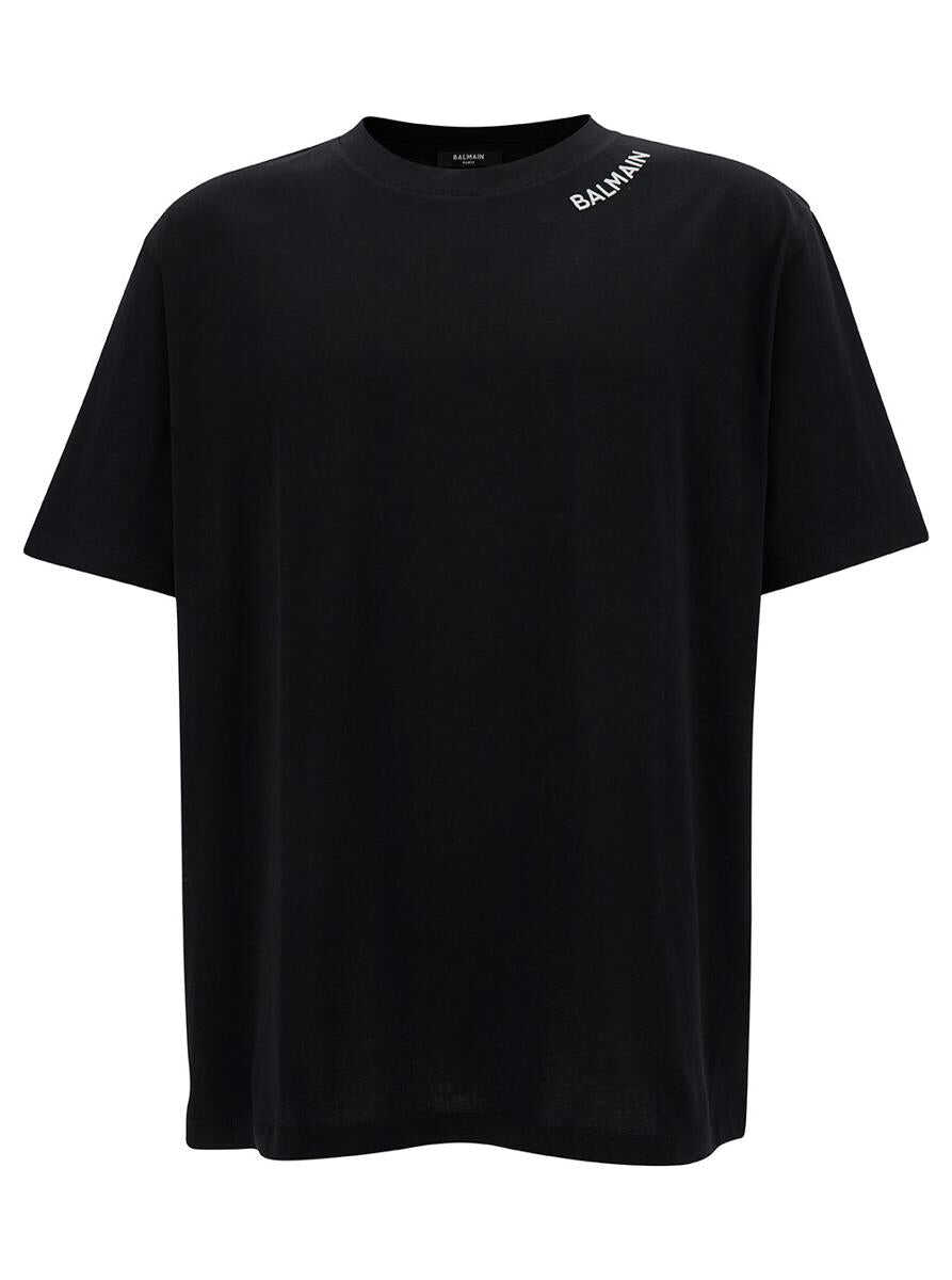 Balmain Black Crewneck T-Shirt with Contrasting Logo Embroidery in Cotton Man BLACK