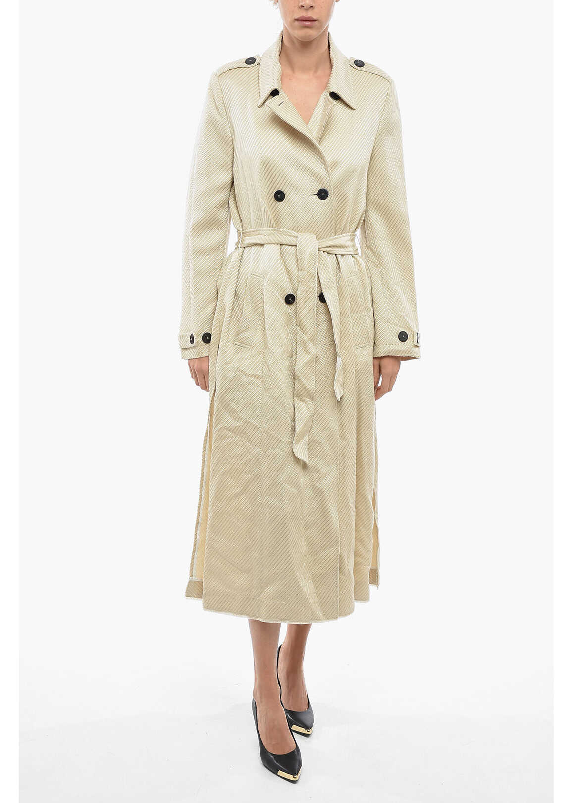 forte_forte Solid Color Double-Breasted Coat With Belt Beige