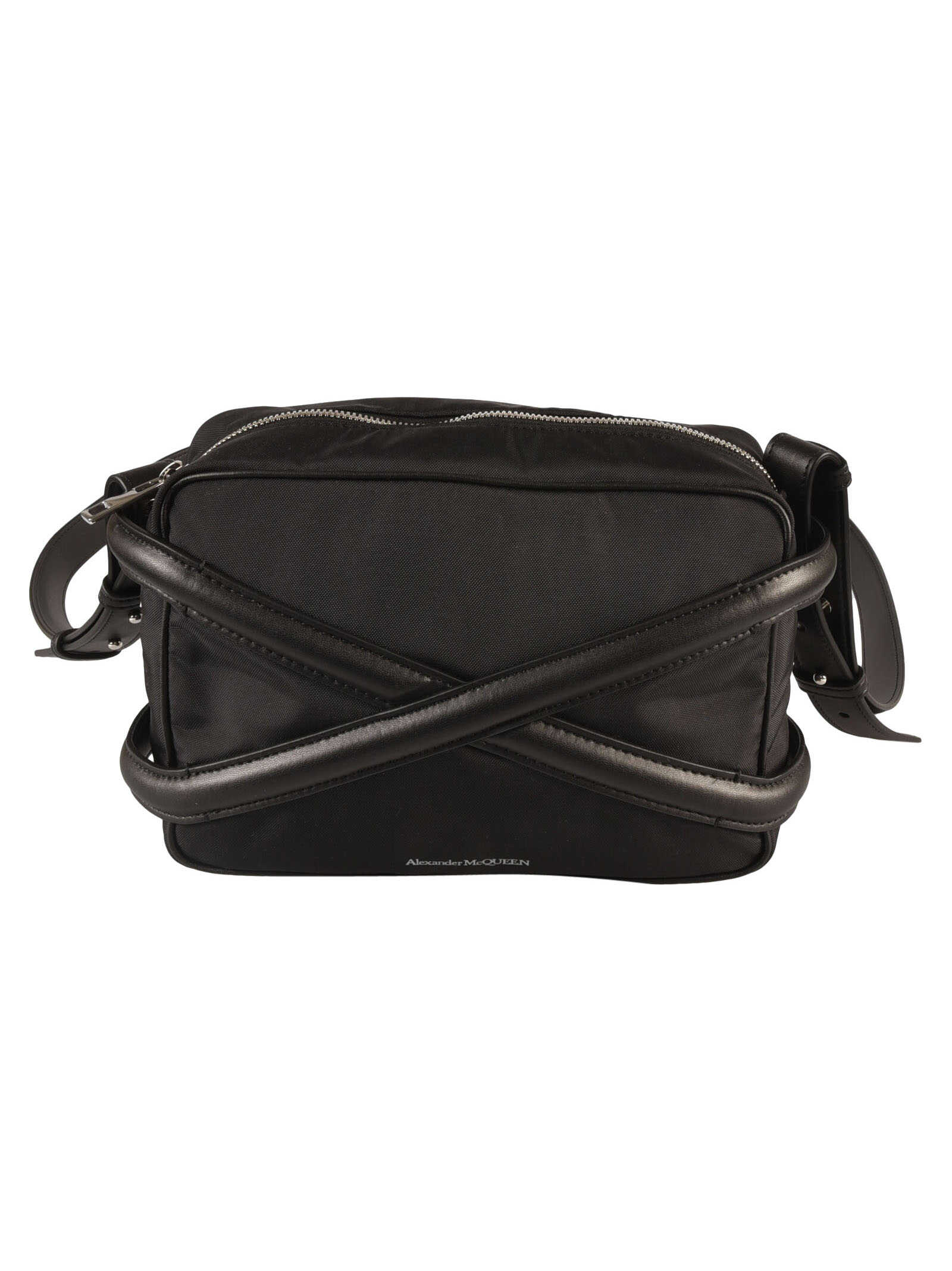 Alexander McQueen Nylon and leather shoulder bag with frontal logo Black