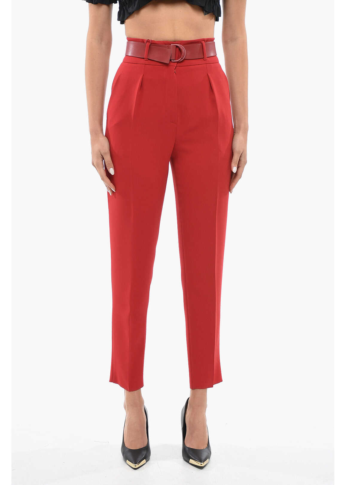 Max Mara Studio Single-Pleated Ariel Pants With Eco-Leather Belt Red