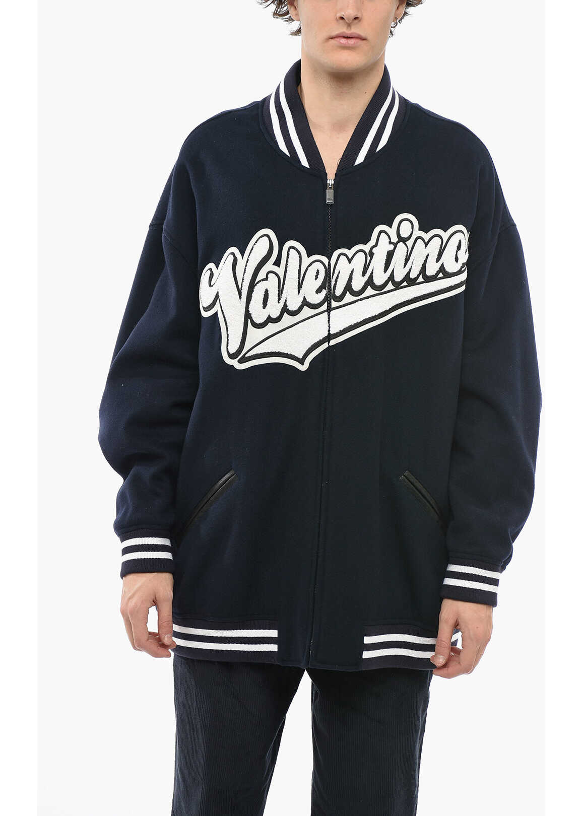 Valentino Garavani Wool Oversized Bomber Jacket With Terry Logo Blue