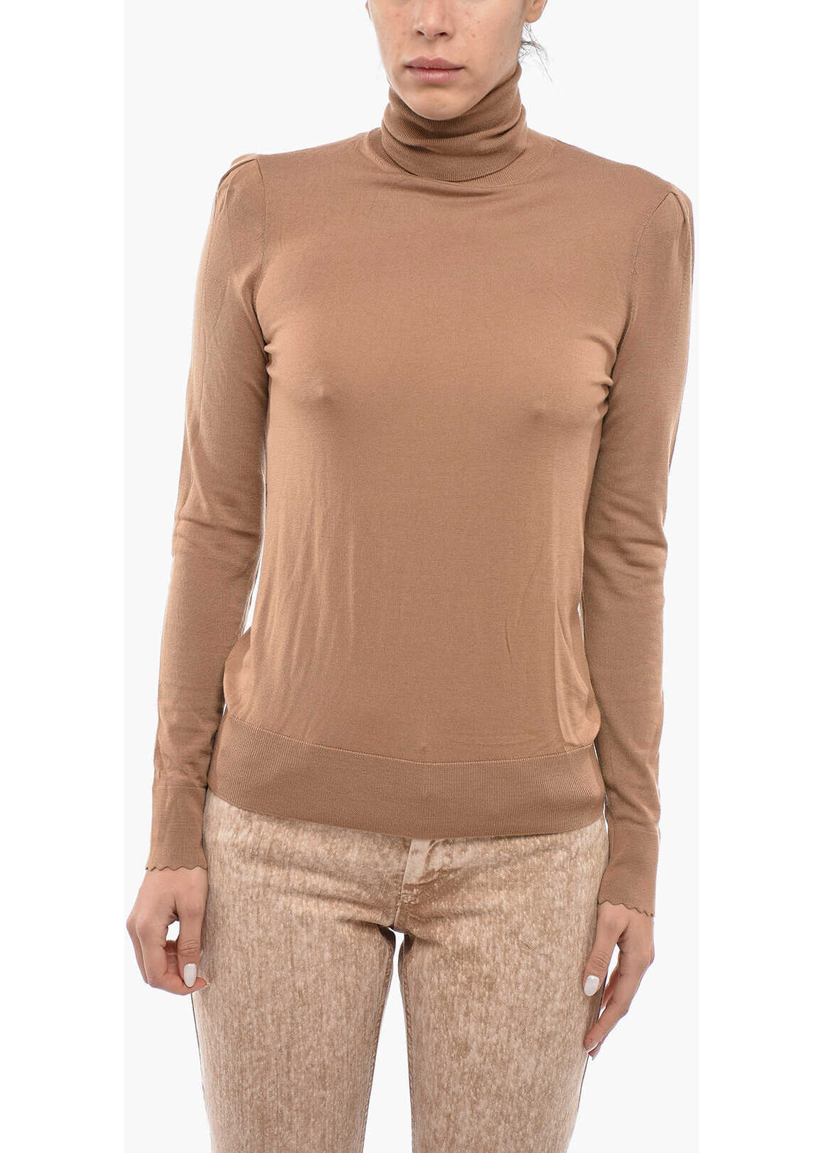 Chloe Turtle-Neck Wool Pullover With Shoulder Pads Brown