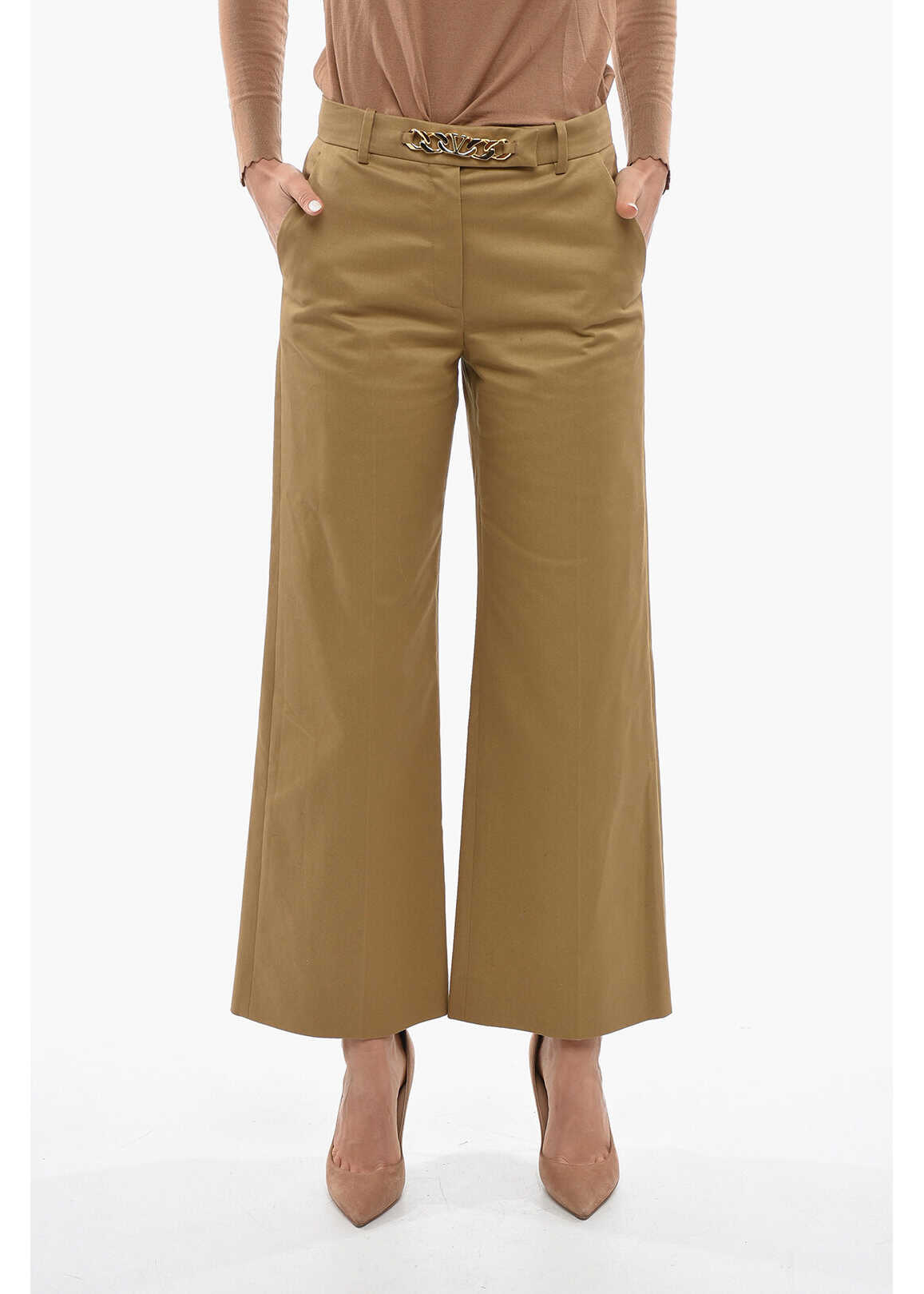 Valentino Garavani Cropped Wide-Leg Trousers With Metal Application Brown