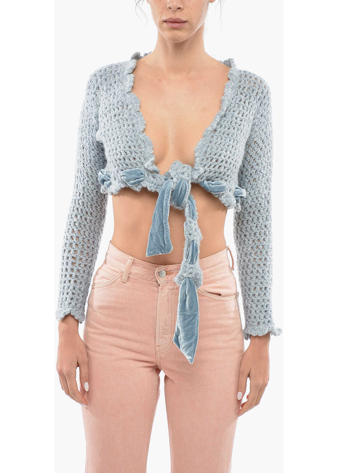 MATIMÌ Openwork Cropped Cardigan With Self-Tie Detailing Light Blue