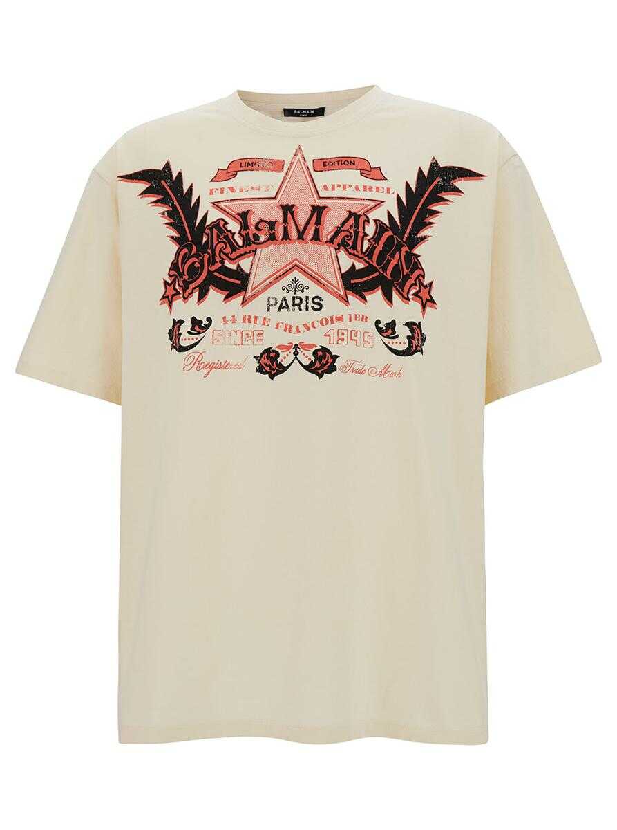 Balmain White T-Shirt with Western Graphic Print in Cotton Man WHITE