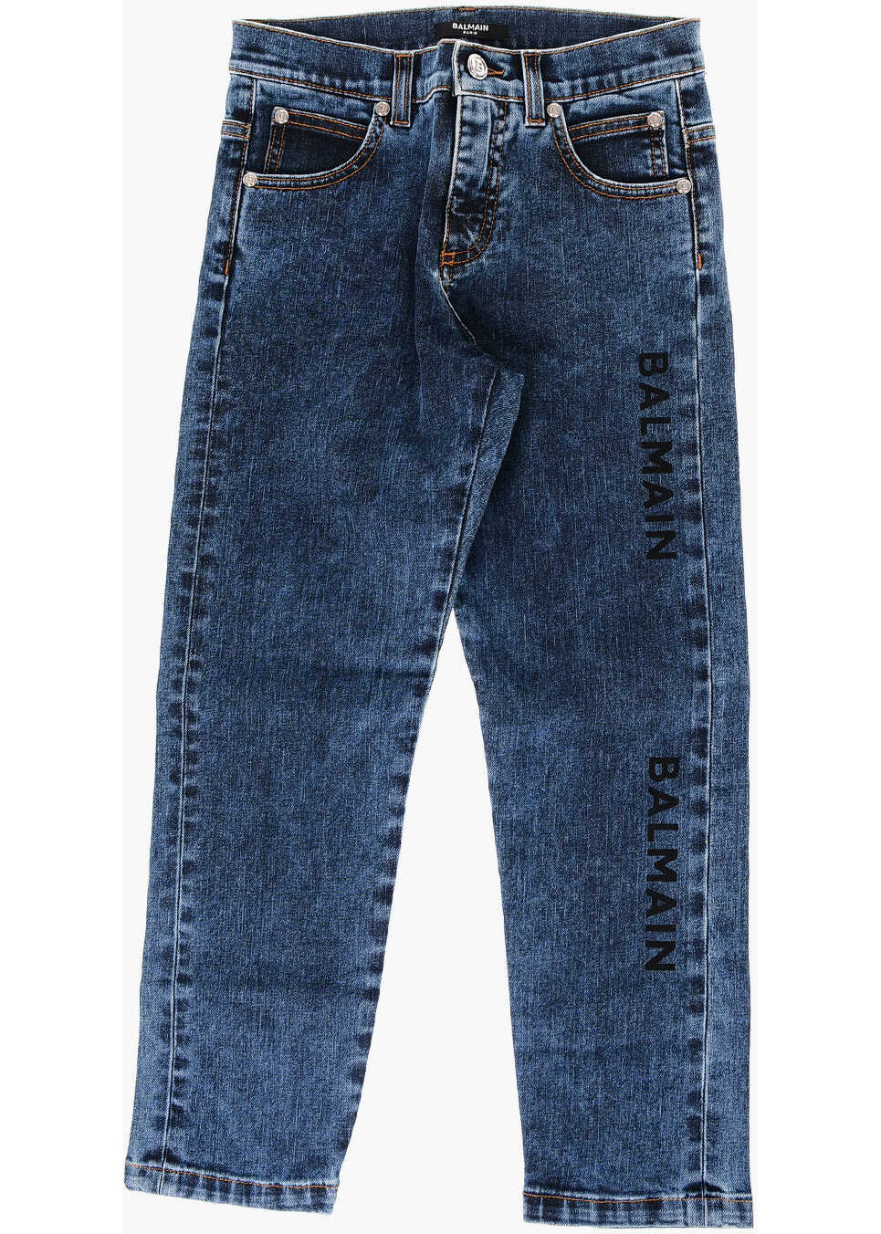 Balmain Kids Visible Stiching Cotton Stretch Jeans Blue