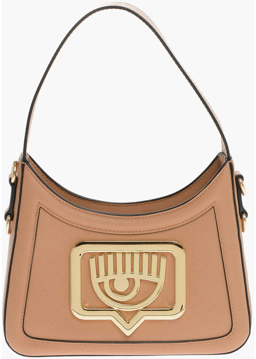 Chiara Ferragni Saffiano Eco-Leather Eyelike Shoulder Bag With Metal Logo Beige