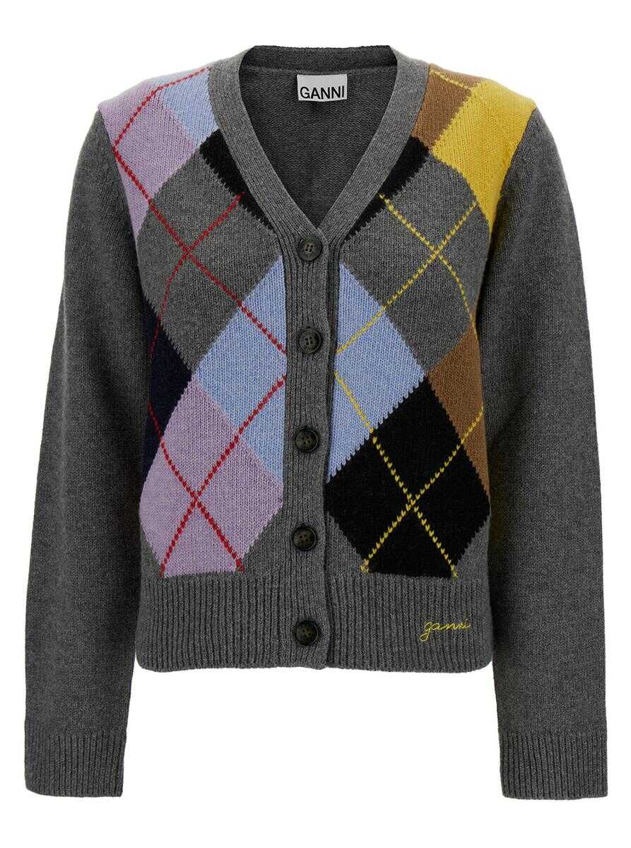 Ganni Grey Knit Cardigan with Check Print in Wool Blend Woman MULTICOLOR