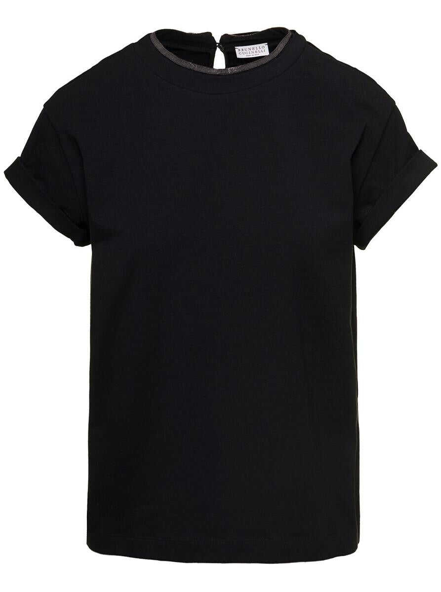 Brunello Cucinelli Black T-Shirt with Monile Detail in Cotton Woman Brunello Cucinelli BLACK