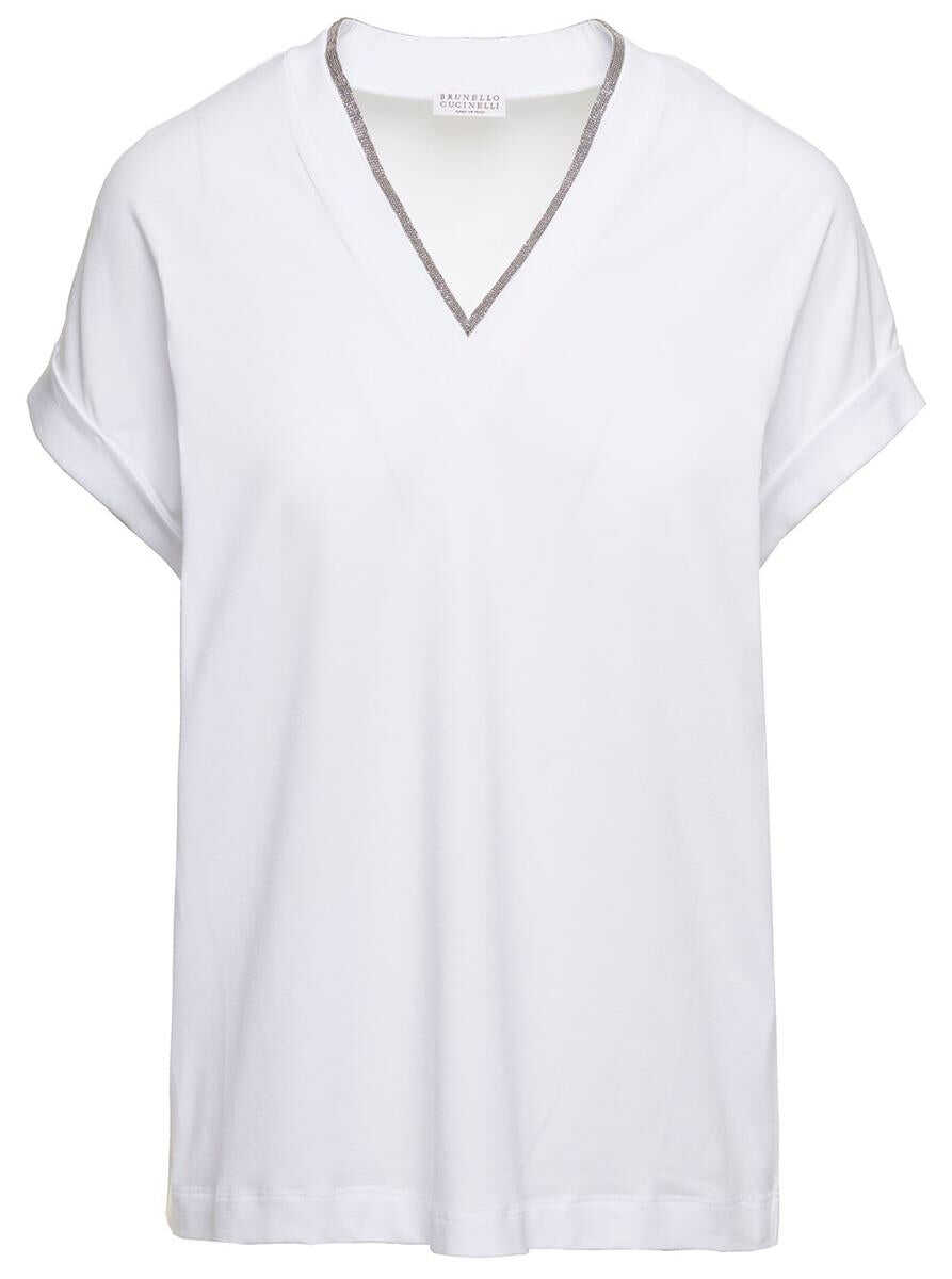 Brunello Cucinelli White V-Neck T-Shirt with Monile Detail in Stretch Cotton Woman Brunello Cucinelli WHITE