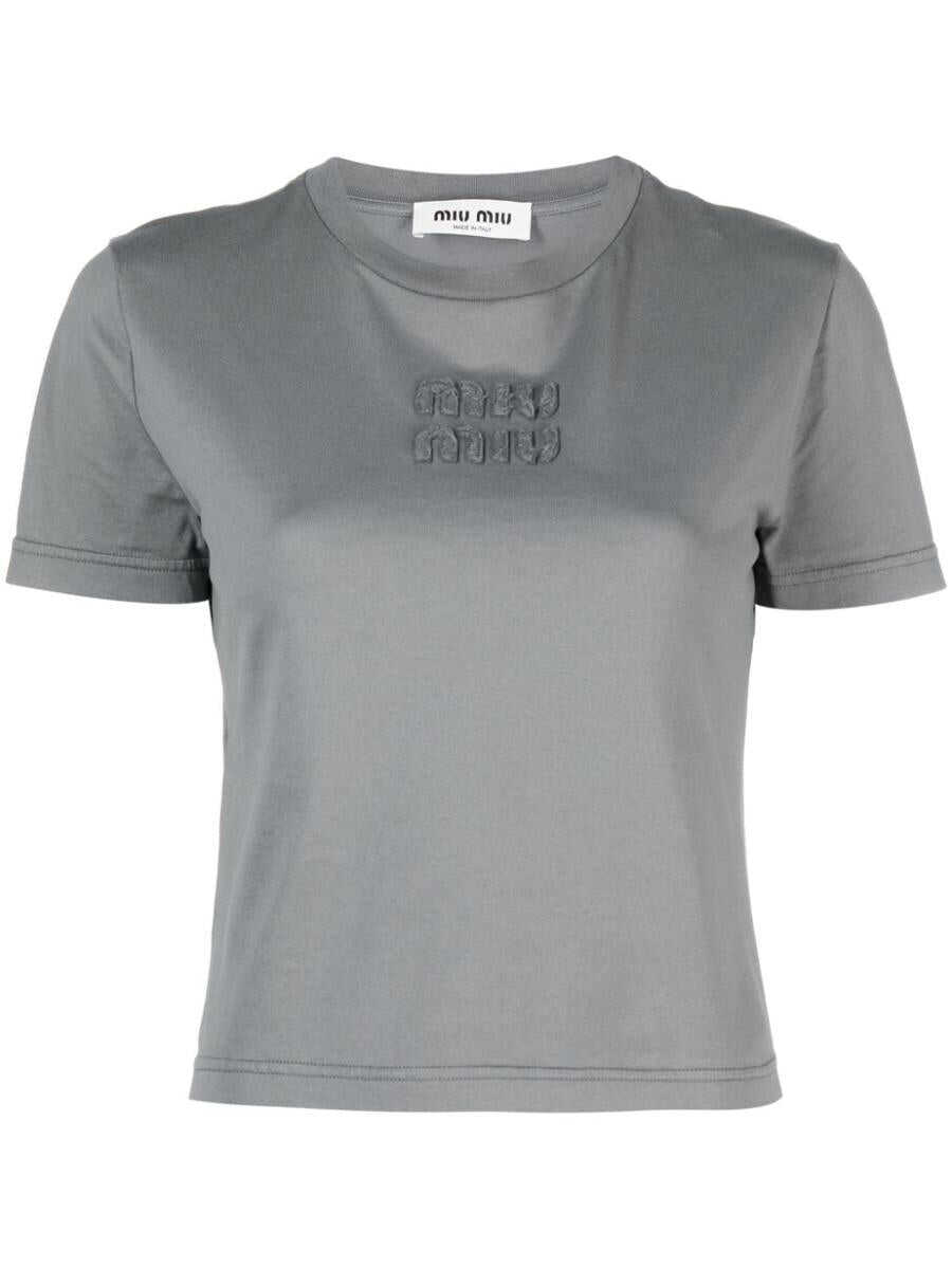 Miu Miu MIU MIU logo-embossed cotton cropped T-shirt GREY