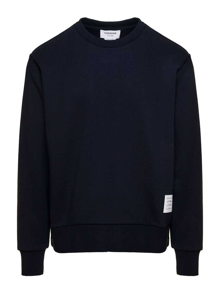 Thom Browne Blue Crewneck Sweater with Logo Patch and RWB Detail in Cotton Man BLU