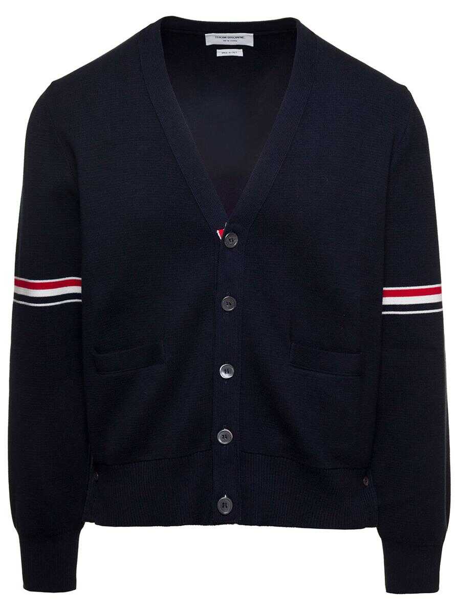 Thom Browne Blue Cardigan with Stripe Detail in Cotton Man BLU