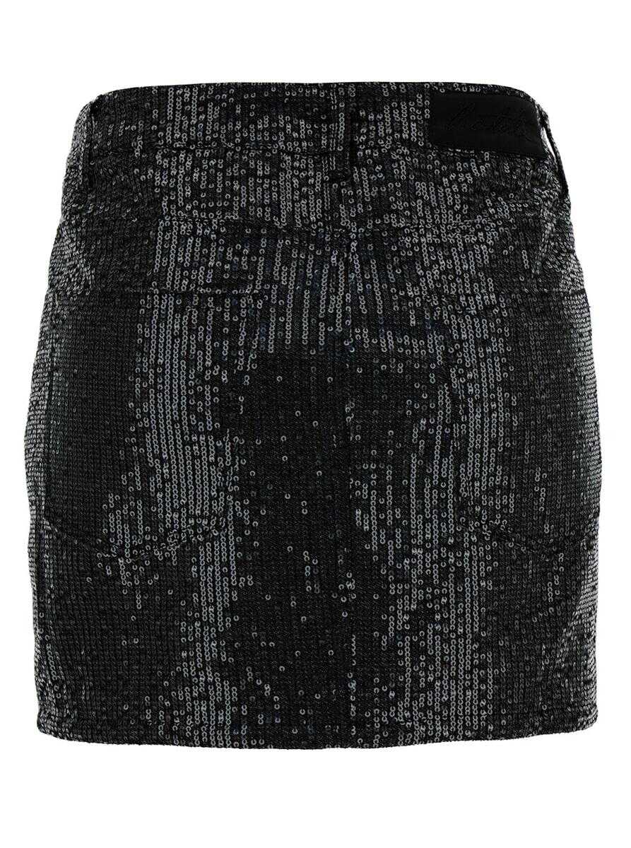 ROTATE Birger Christensen Black Mini-Skirt with All-Over Paillettes and Logo Patch in Cotton Woman BLACK