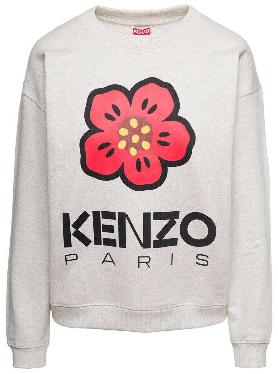 Kenzo Grey Crewneck Sweatshirt with Boke Flower Logo Print in Cotton Stretch Man WHITE