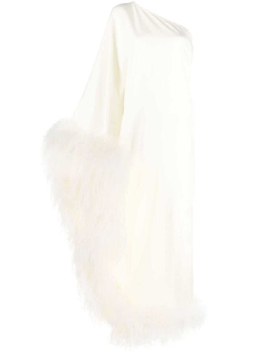 TALLER MARMO TALLER MARMO Ubud one-shoulder feather-trimmed crepe maxi dress WHITE