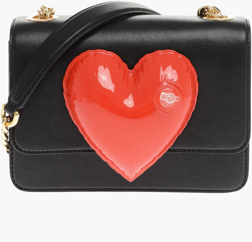 Moschino Couture! Leather Crossbody Bag With Inflatable Heart And Gol Black