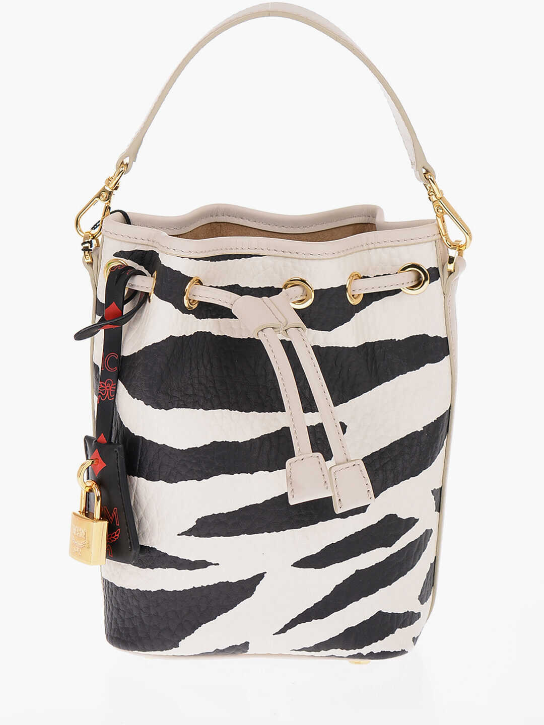 MCM Animal Motif Textured Leather Bucket Bag Black & White